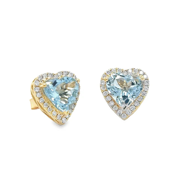 14KT YELLOW GOLD AQUAMARINE AND DIAMONDS HEART EARRING