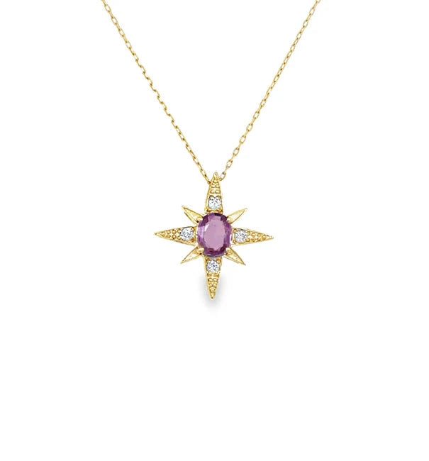 14KT YELLOW GOLD DIAMONDS AND PINK SAPPHIRE COMPASS PENDANT