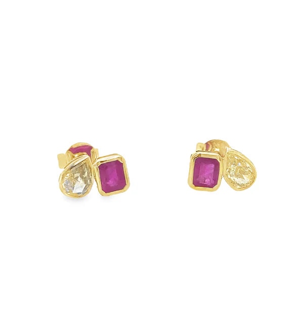 14KT YELLOW GOLD RUBY AND YELLOW DIAMOND EARRING