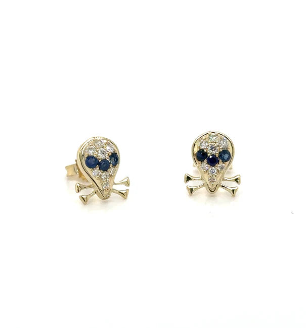 14KT YELLOW GOLD SAPPHIRE AND DIAMONDS SKULL EARRING