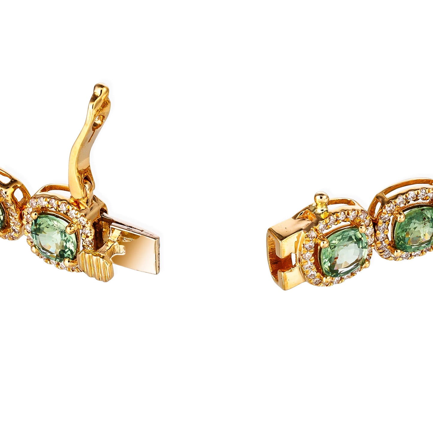 14KT DIAMOND GREEN SAPPHIRE CUSHION SHAPE BRACELET