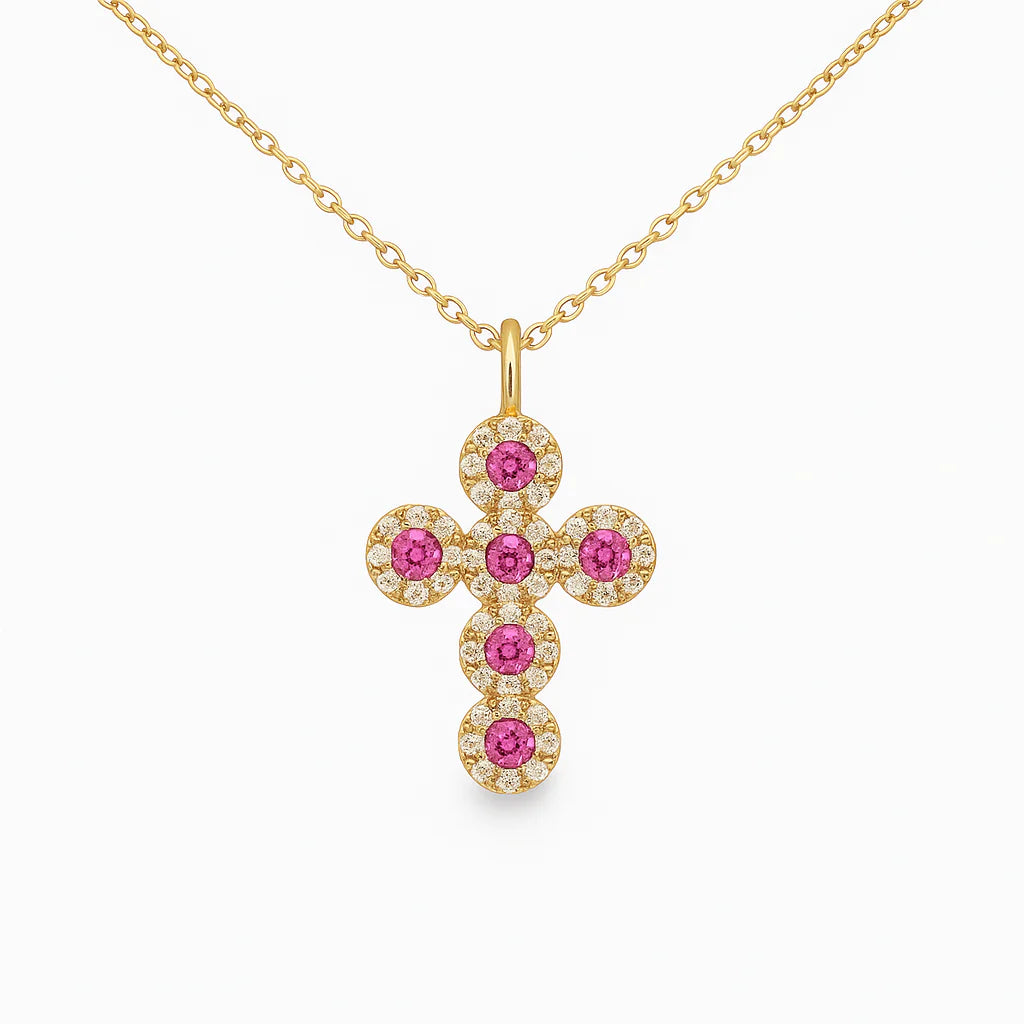 14KT YELLOW GOLD CROSS PENDANT PINK SAPPHIRE AND DIAMONDS