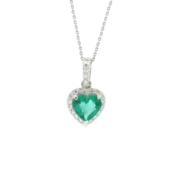 18KT WHITE GOLD EMERALD AND DIAMOND HEART SHAPE PENDENT
