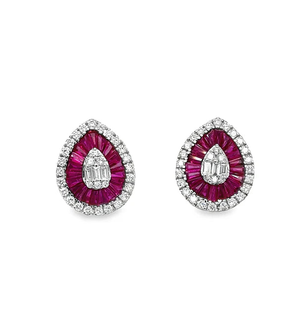 14KT WHITE GOLD RUBY AND DIAMONDS PEAR SHAPE EARRING