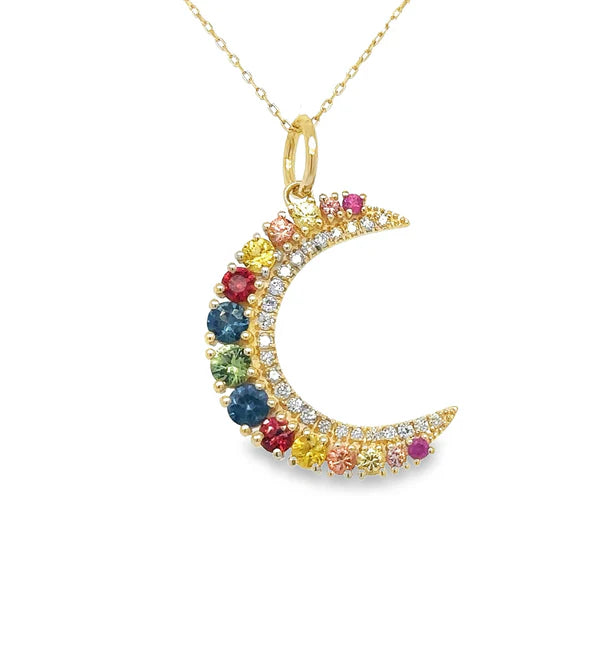 14KT YELLOW GOLD HALF MOON PENDANT WITH MULTI SAPPHIRE AND DIAMONDS