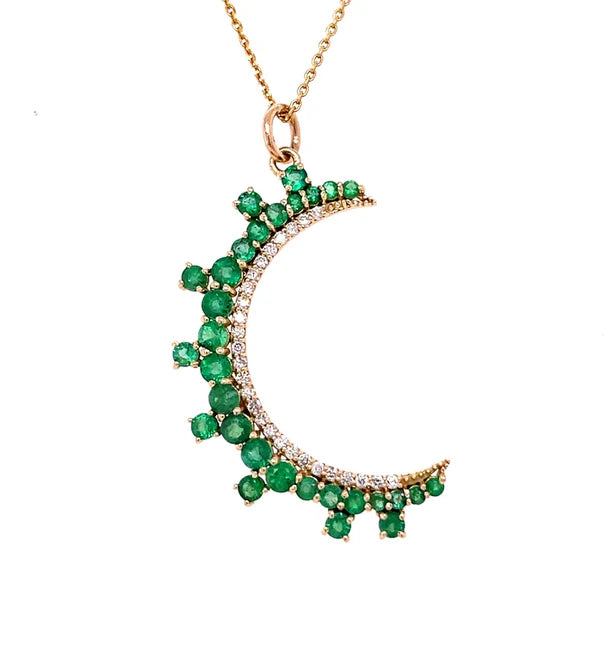 14KT YELLOW GOLD EMERALD MOON PENDANT WITH DIAMONDS