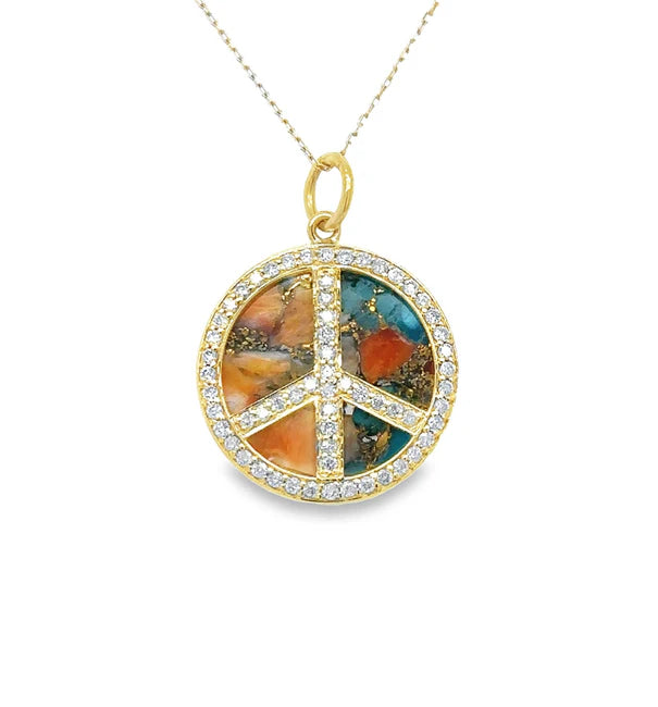 14KT YELLOW GOLD OYSTER TURQUOISE PEACE SIGN PENDANT WITH DIAMONDS