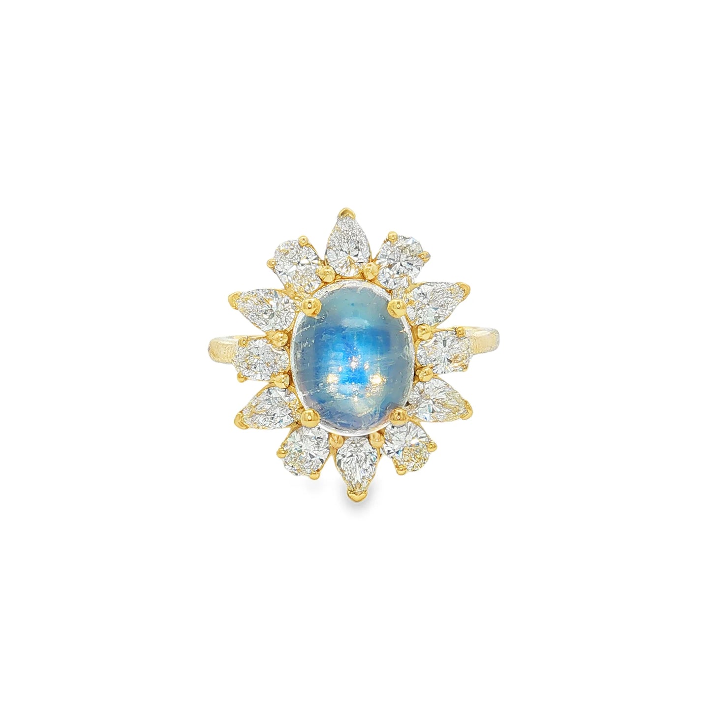 14KT YELLOW GOLD RAINBOW MOONSTONE AND DIAMONDS RING