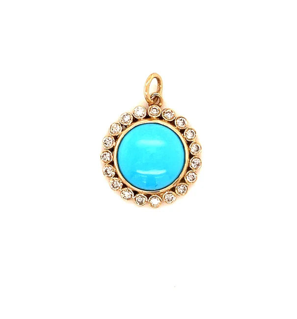 14KT GOLD TURQUOISE ROUND PENDANT WITH DIAMONDS