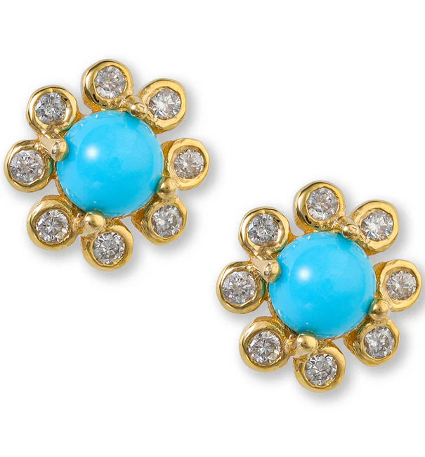 18KT. DIAMOND/TURQUOISE ROUNG EARRINGS 9 MM.
