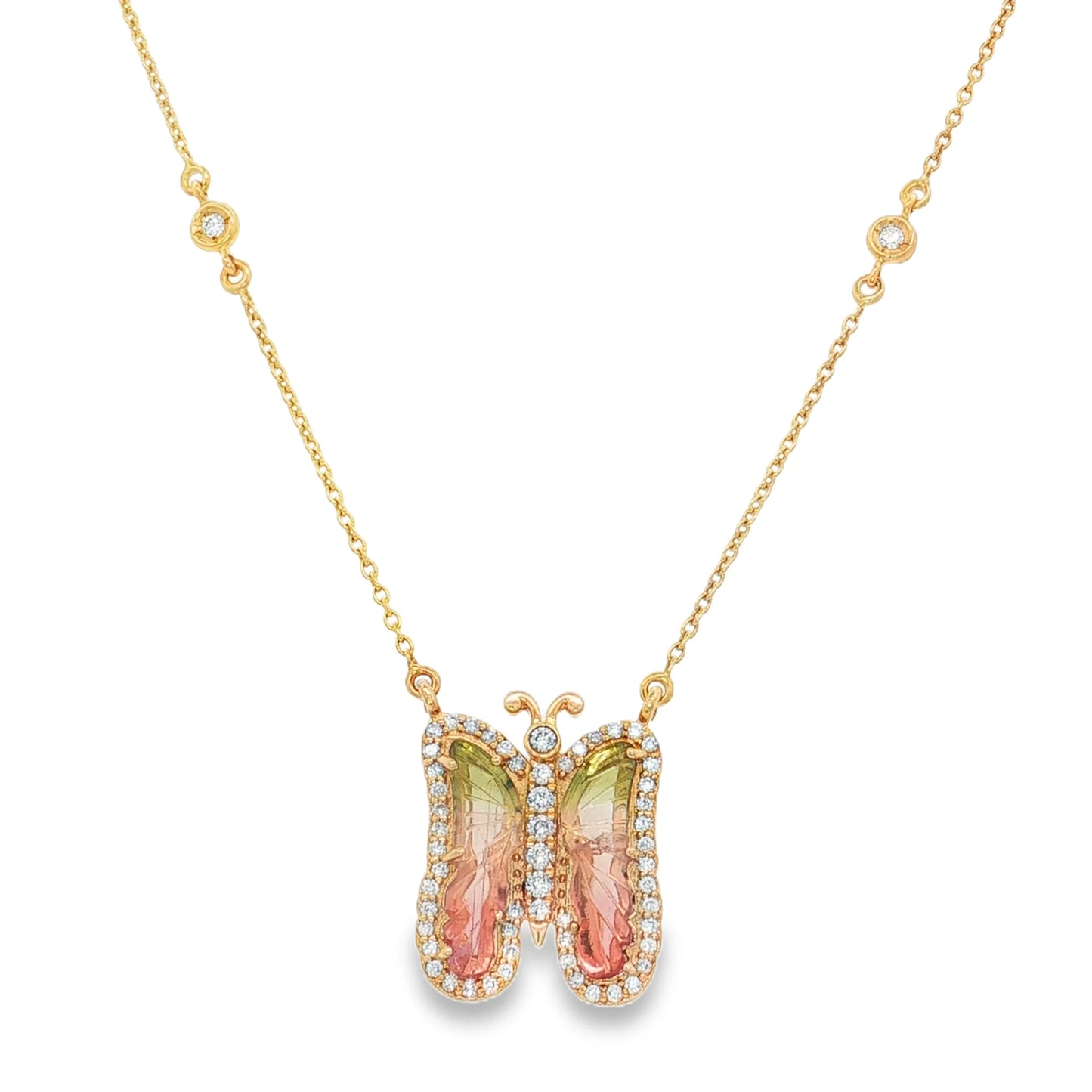 14KT YELLOW GOLD WATERMELON TOURMALINE AND DIAMONDS BUTTERFLY NECKLACE