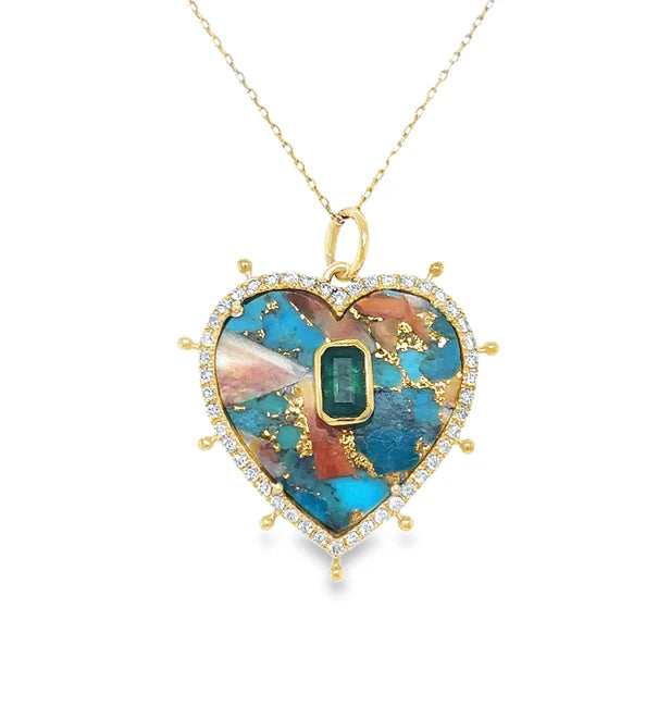 14KT YELLOW GOLD OYSTER TURQUOISE HEART PENDANT WITH EMERALD AND DIAMONDS