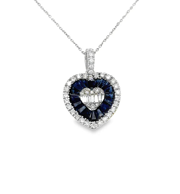 14KT WHITE GOLD SAPPHIRE AND DIAMONDS HEART SHAPE PENDANT