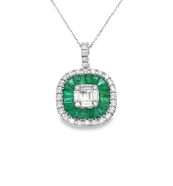 14KT WHITE GOLD EMERALD AND DIAMONDS PENDANT