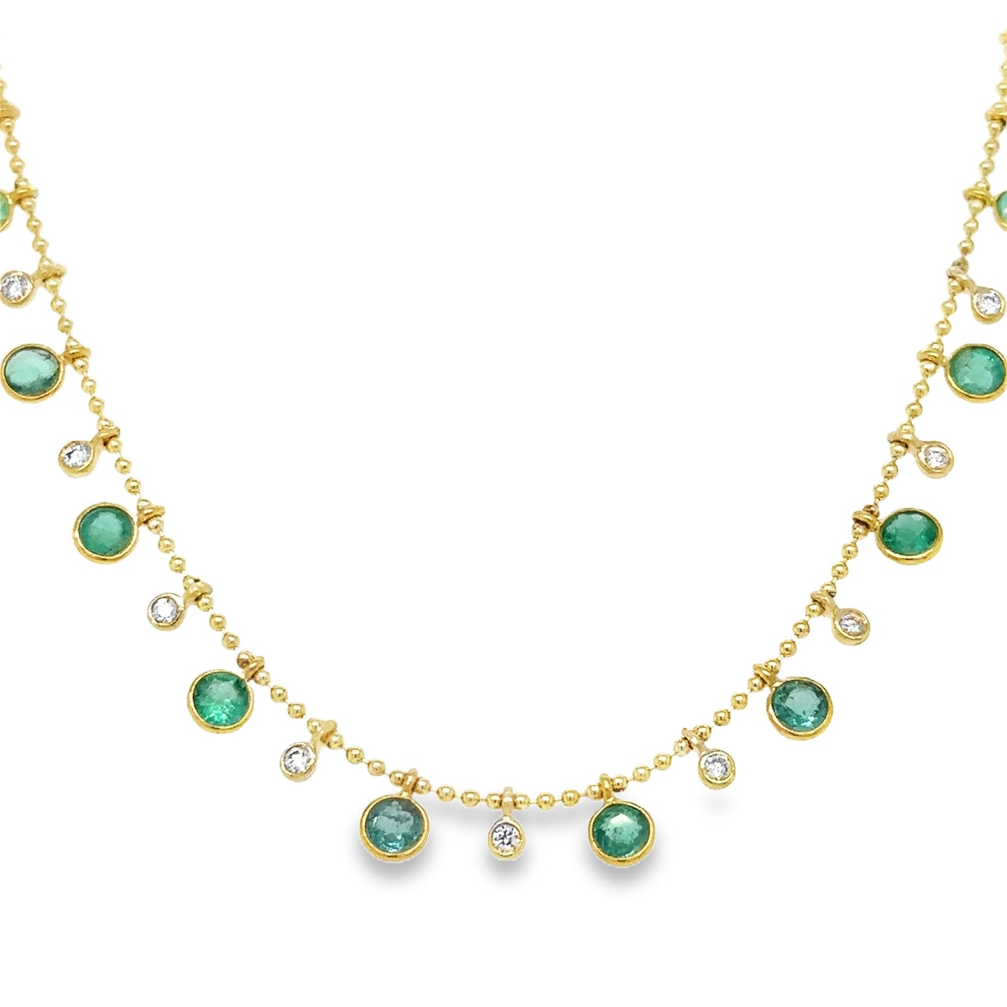 14KT YELLOW GOLD ROUND SHAPE EMERALD AND DIAMOND DANGLING NECKLACE