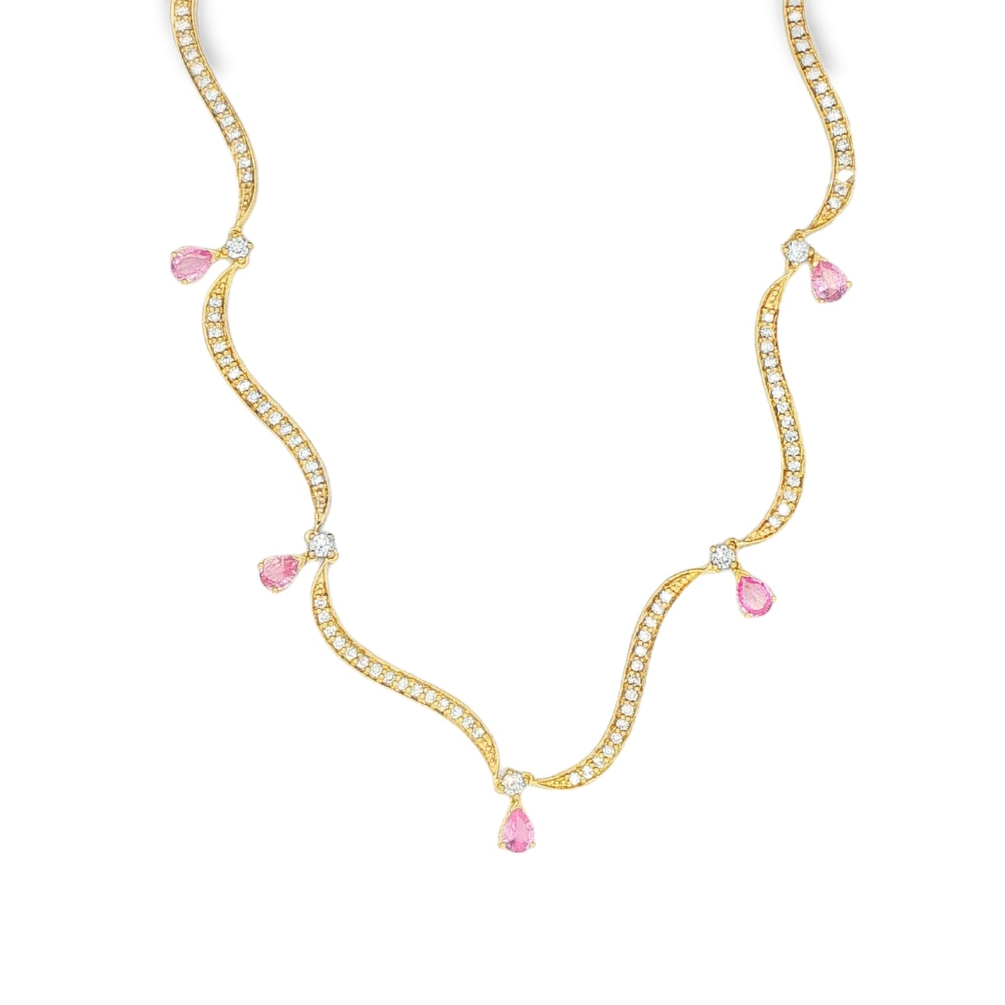 14KT YELLOW GOLD WAVY CHAIN NECKLACE WITH PINK SAPPHIRE DROPS