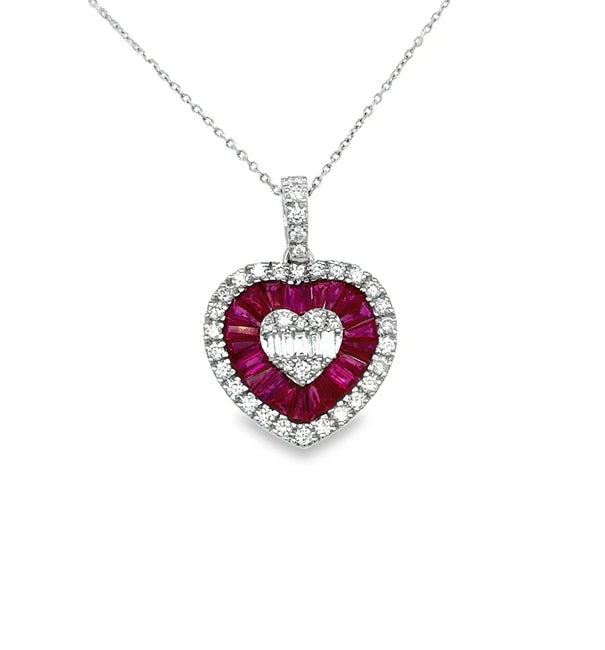 14KT WHITE GOLD RUBY AND DIAMONDS HEART SHAPE PENDANT