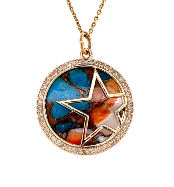 14KT YELLOW GOLD OYSTER TURQUOISE STAR PENDANT WITH DIAMONDS