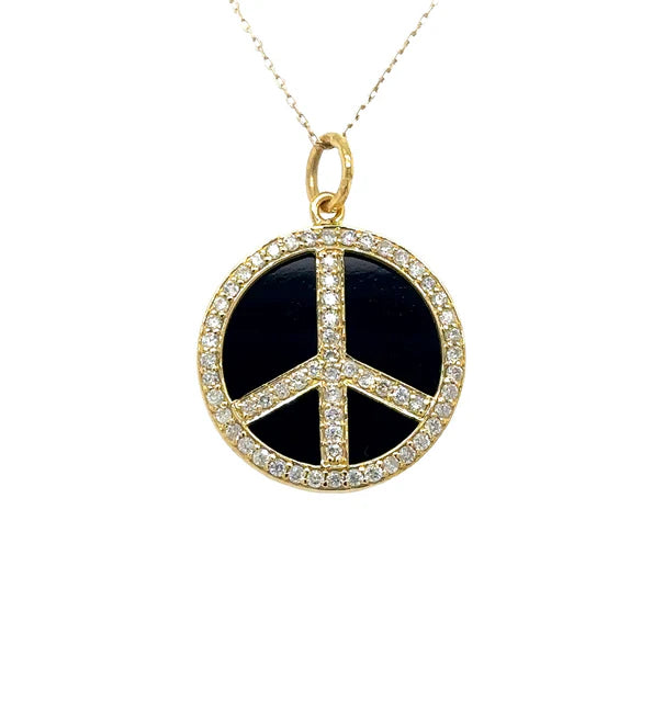 14KT YELLOW GOLD BLACK ONYX PEACE SIGN PENDANT WITH DIAMONDS