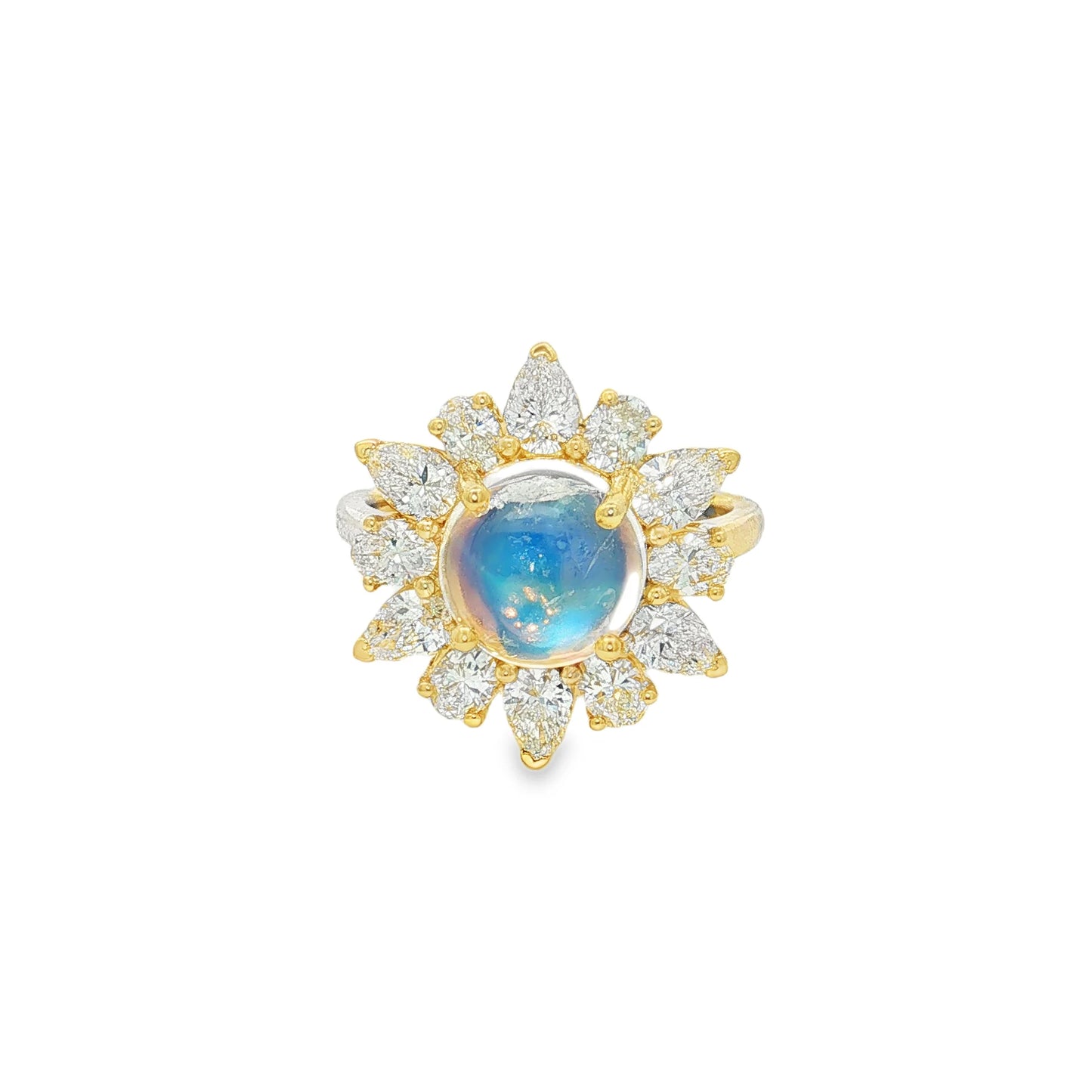 14KT YELLOW GOLD RAINBOW MOONSTONE AND DIAMONDS RING