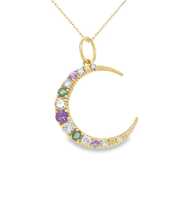 14KT YELLOW GOLD HALF MOON PENDANT WITH MULTI SAPPHIRE AND DIAMONDS