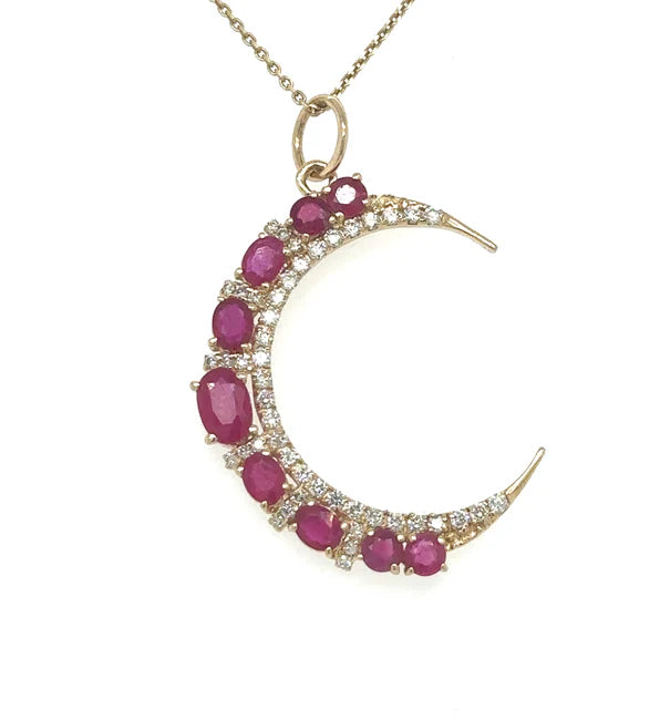 14KT YELLOW GOLD HALF MOON PENDANT WITH RUBY AND DIAMONDS