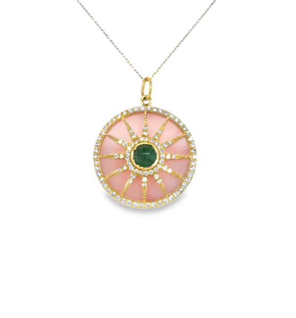 14KT YELLOW GOLD PINK OPAL PENDANT WITH EMERALD AND DIAMONDS