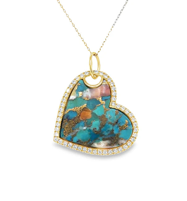 14KT YELLOW GOLD OYSTER TURQUOISE HEART PENDANT WITH DIAMONDS