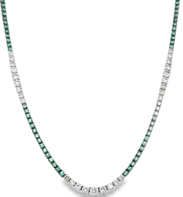 18KT WHITE GOLD EMERALD AND DIAMOND TENNIS NECKLACE