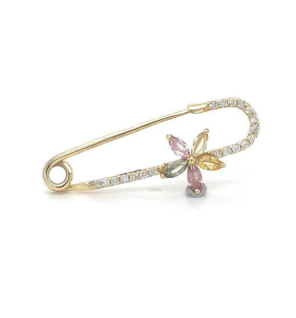 14KT YELLOW GOLD MULTI SAPPHIRE AND DIAMONDS SAFETY PIN