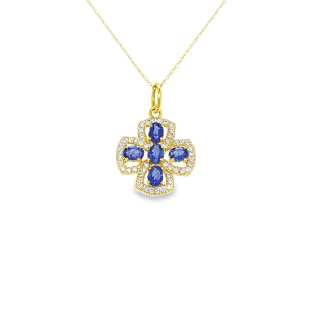 14KT YELLOW GOLD BLUE SAPPHIRE AND DIAMOND PENDANT
