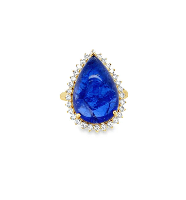 14KT YELLOW GOLD PEAR SHAPE TANZANITE AND DIAMOND RING