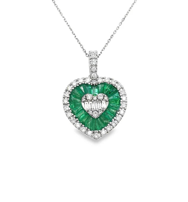 14KT WHITE GOLD EMERALD AND DIAMONDS HEART SHAPE PENDANT