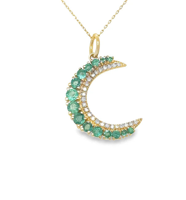14KT YELLOW GOLD HALF MOON PENDANT WITH EMERALD AND DIAMONDS