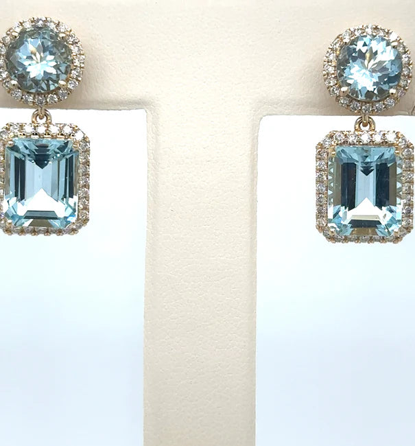 14K YELLOW GOLD AQUAMARINE AND DIAMOND EARRING
