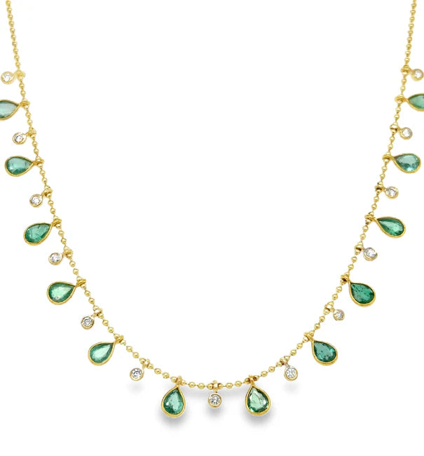14KT YELLOW GOLD PEAR SHAPE EMERALD AND DIAMOND DANGLING NECKLACE