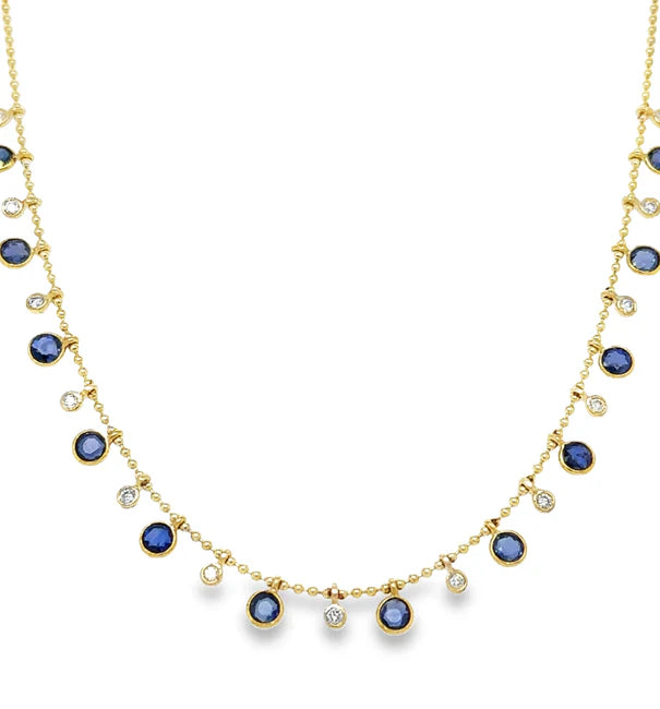 14KT YELLOW GOLD ROUND SHAPE SAPPHIRE AND DIAMOND DANGLING NECKLACE
