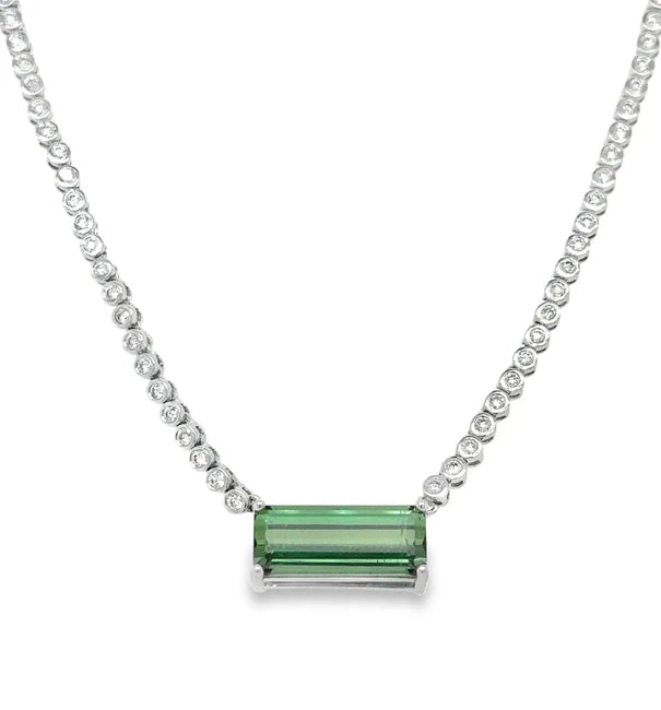 14KT WHITE GOLD GREEN TOURMALINE AND DIAMOND BEZEL TENNIS NECKLACE