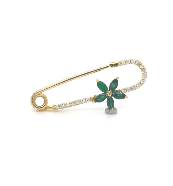 14KT YELLOW GOLD EMERALD AND DIAMONDS SAFETY PIN