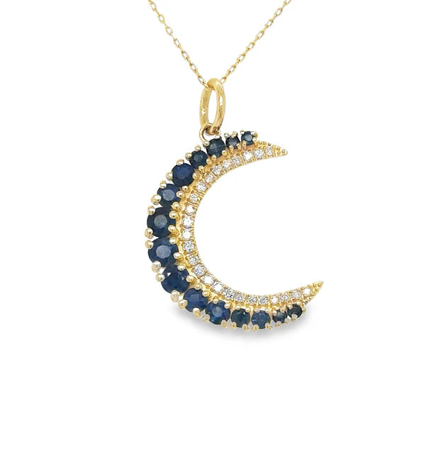 14KT YELLOW GOLD HALF MOON PENDANT WITH SAPPHIRE AND DIAMONDS