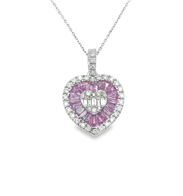 14KT WHITE GOLD PINK SAPPHIRE AND DIAMONDS HEART SHAPE PENDANT