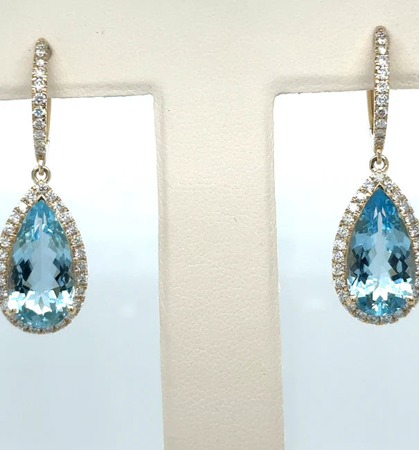 14K YELLOW GOLD AQUAMARINE AND DIAMOND EARRING