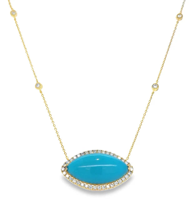 14KT YELLOW GOLD MARQUISE SHAPE TURQUOISE AND DIAMONDS NECKLACE
