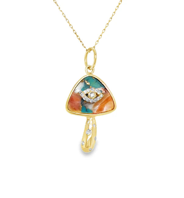 14KT YELLOW GOLD OYSTER TURQUOISE MUSHROOM PENDANT WITH DIAMONDS