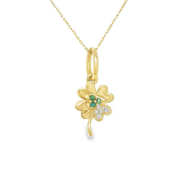 14KT YELLOW GOLD EMERALD AND DIAMOND CLOVER PENDANT