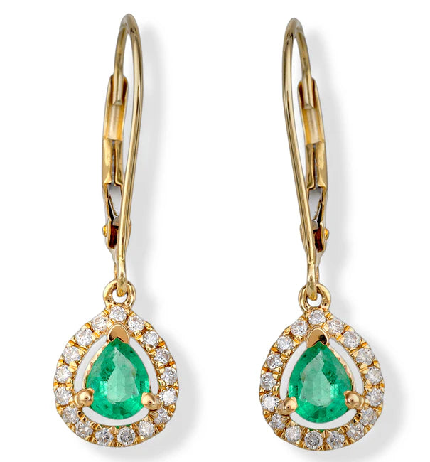 14KT YELLOW GOLD DIAMOND AND EMERALD DANGLING EARRINGS