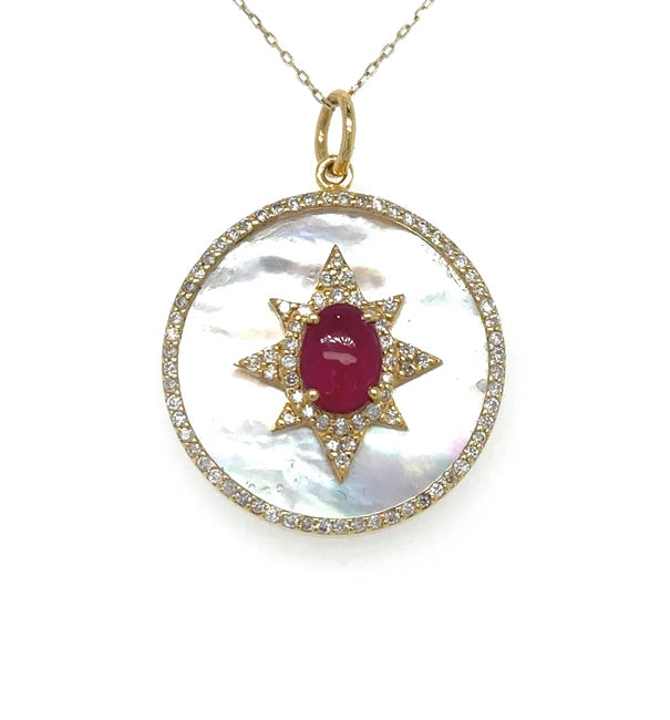 14KT YELLOW GOLD MOTHER OF PEARL AND RUBY PENDANT WITH DIAMONDS