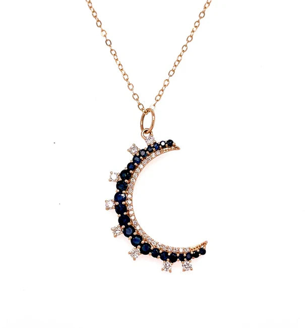 14KT YELLOW GOLD BLUE SAPPHIRE MOON PENDANT WITH DIAMONDS