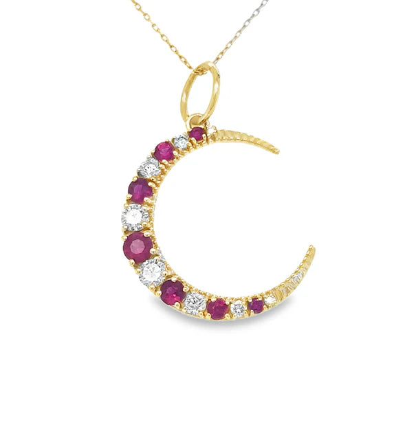 14KT YELLOW GOLD HALF MOON PENDANT WITH RUBY AND DIAMONDS