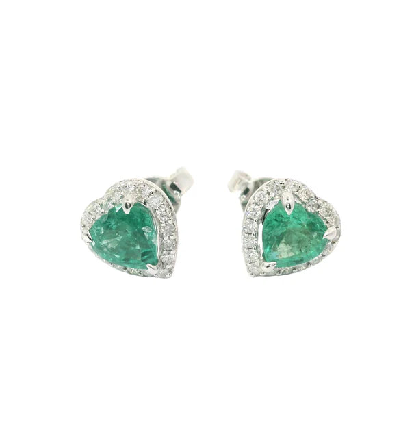 18KT WHITE GOLD HEART SHAPE EMERALD AND DIAMONDS EARRING
